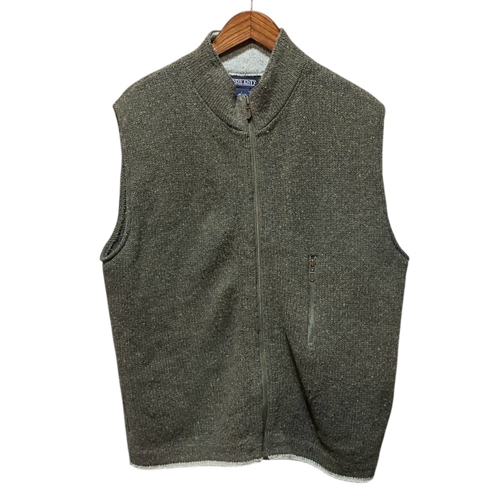 Vintage Lands End Green Wool Blend Full Zip Sweater Vest